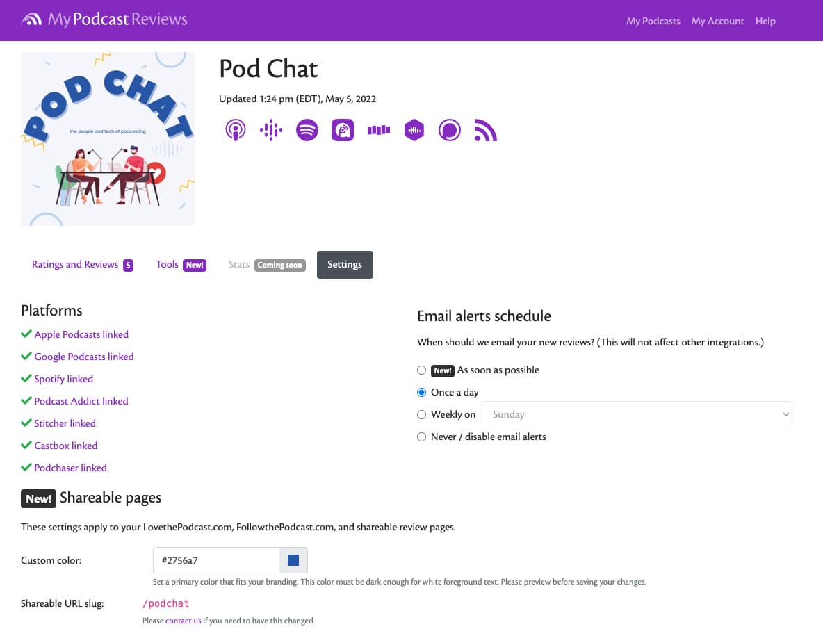Screen shot of My Podcast Reviews settings